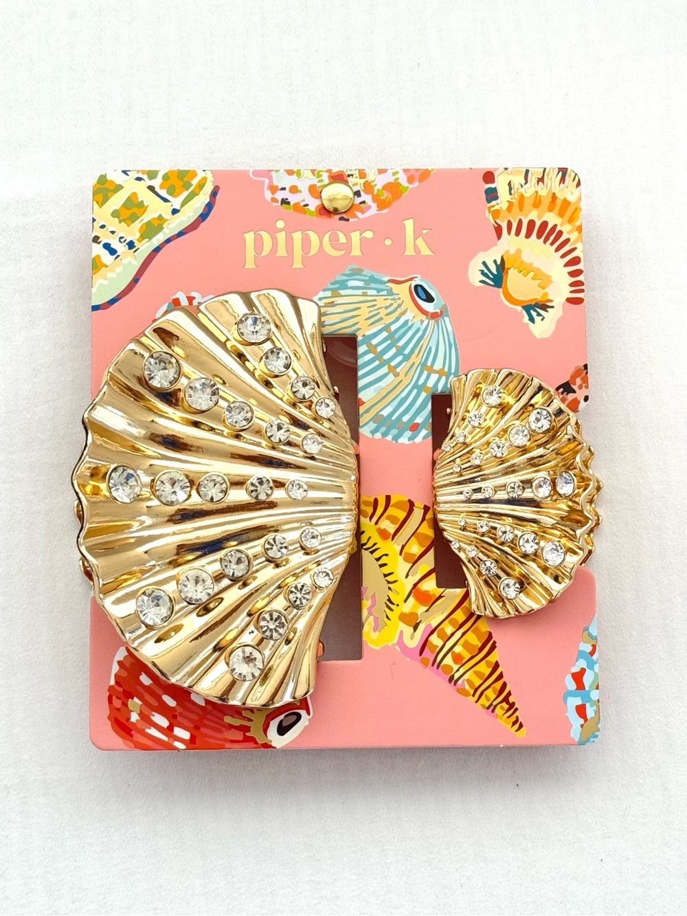 Piper K Gold Seashell Hair Claw Clip Duo (Large & Mini) Set w/ Rhinestones